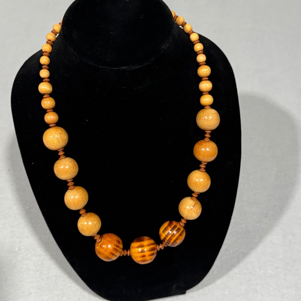 Unbranded Beaded Necklace Womens Brown Tan Vintage Graduated Wood Barrel Clasp